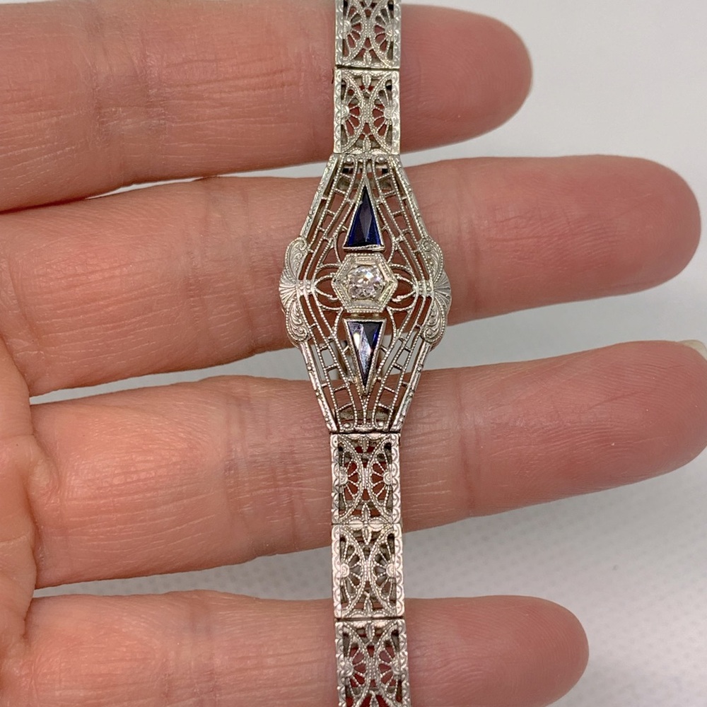 Platinum & 14k Gold Diamond sapphire Art & Deco Filigree Bracelet